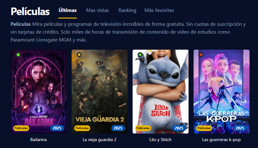 Captura de pantalla de la interfaz de usuario de StreamM4U mostrando peliculas y series en alta definición y sin necesidad de registro